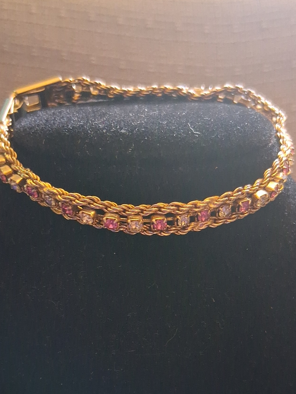 Vintage Yechang pink and clear crystal Glod Tone Tennis Bracelet Costume